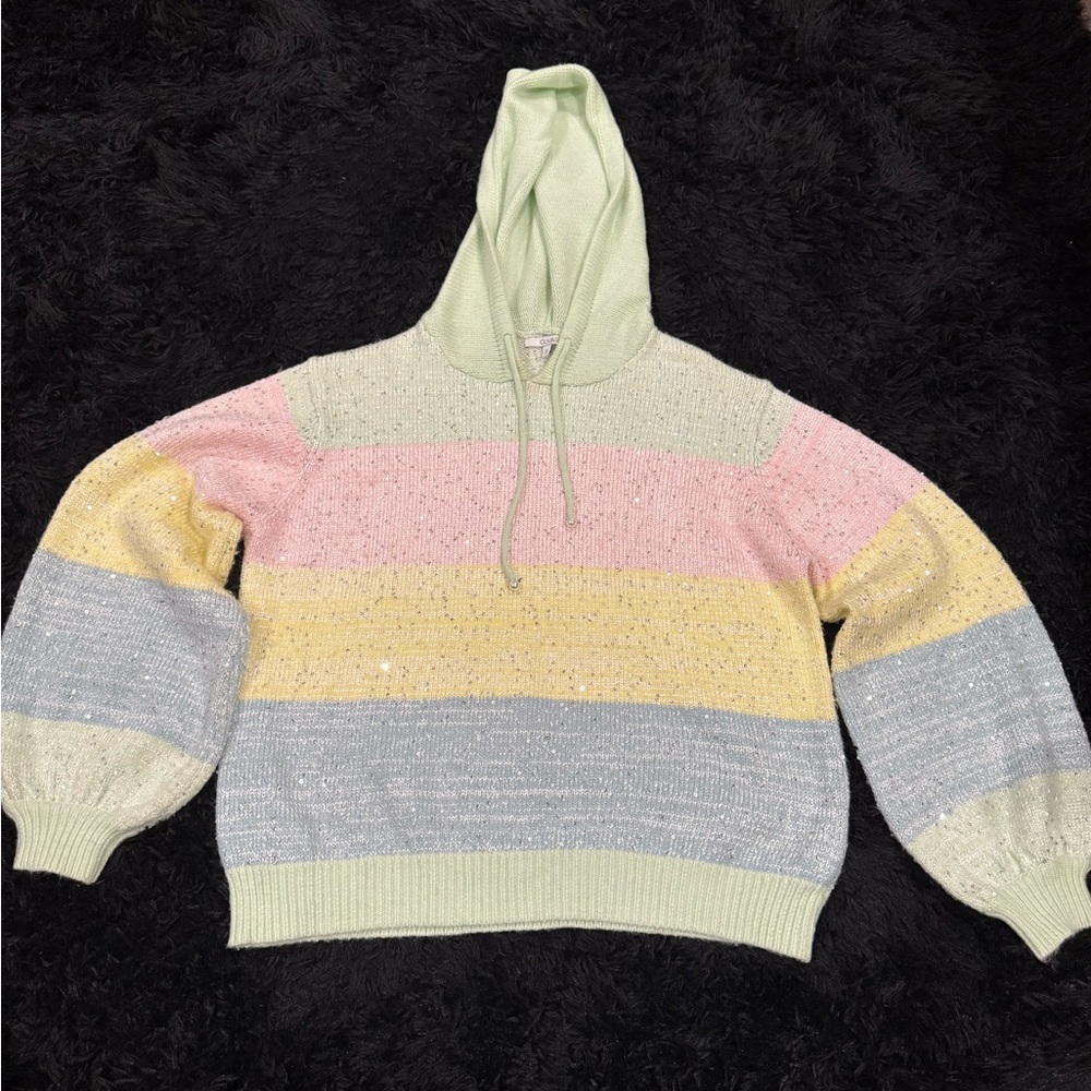 OLIVIA RUBIN Pastel Stripe Sequin Wool Knit Pearl Drawstring Sweater Sz.Small